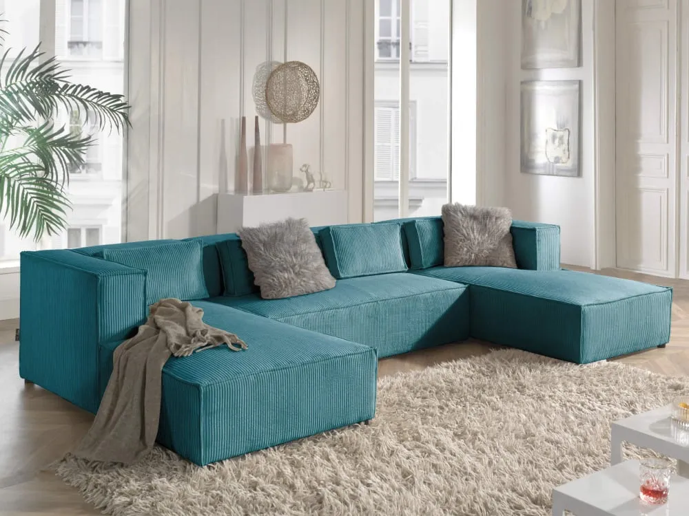 Illustration numéro 2 du produit Canapé panoramique 7 places en u en velours côtelé bleu canard