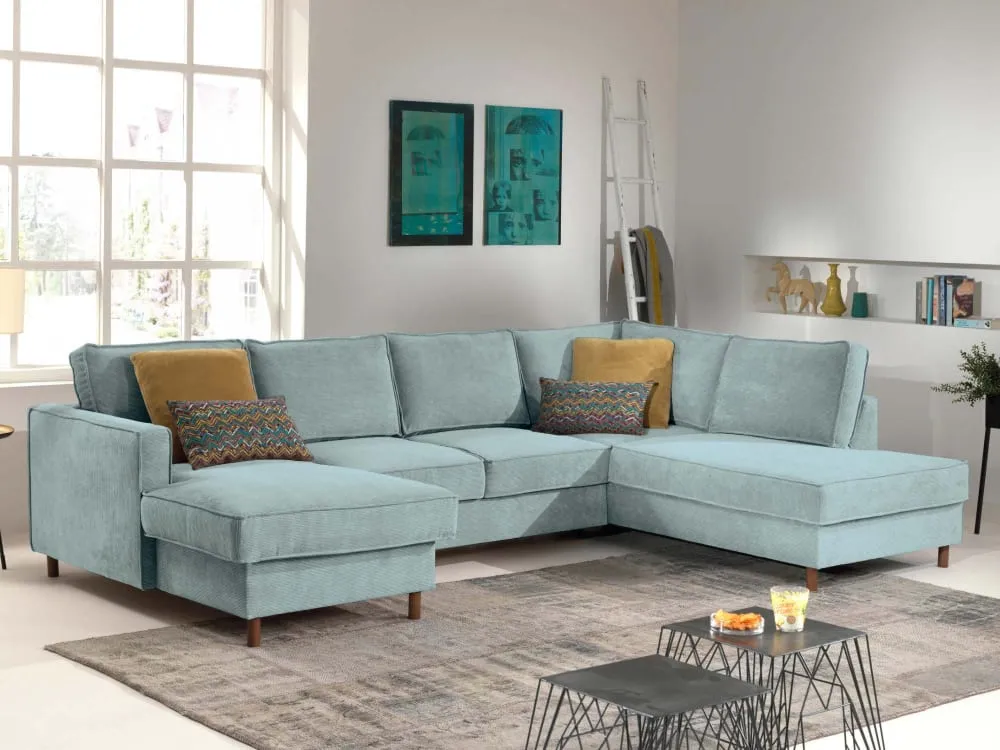 Illustration numéro 2 du produit Canapé panoramique 7 places angle droit en velours côtelé bleu