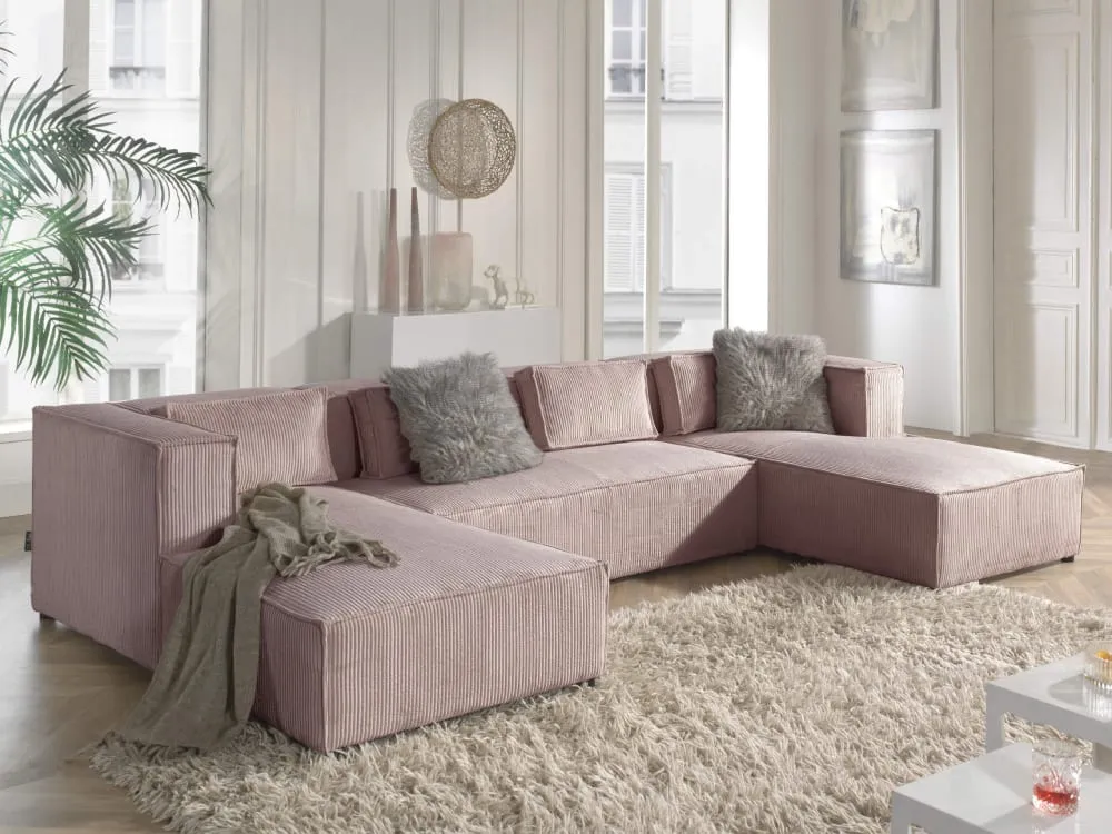 Illustration numéro 2 du produit Canapé panoramique 7 places en u en velours côtelé rose