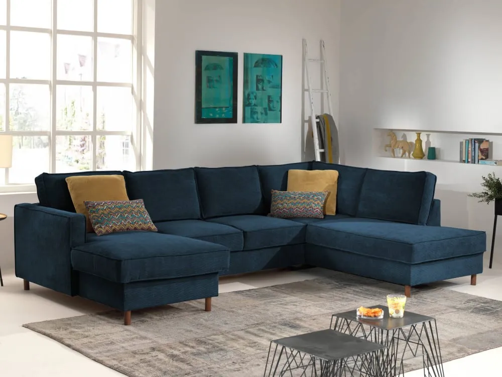 Illustration numéro 2 du produit Canapé panoramique 7 places angle droit en velours côtelé bleu ardoise