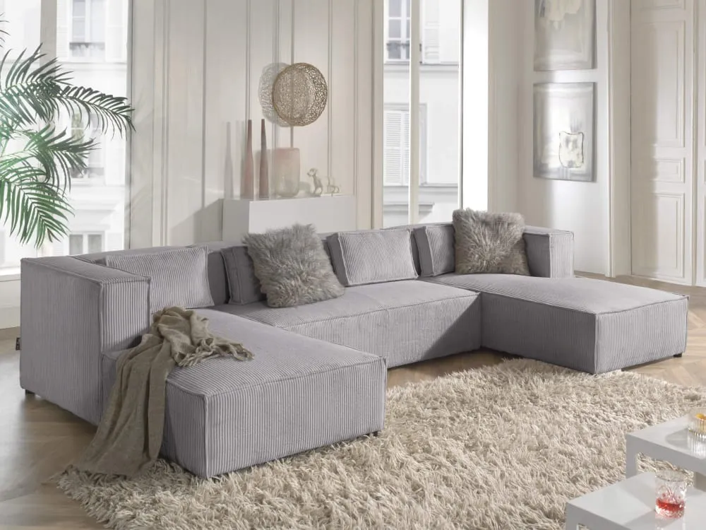 Illustration numéro 2 du produit Canapé panoramique 7 places en u en velours côtelé gris clair