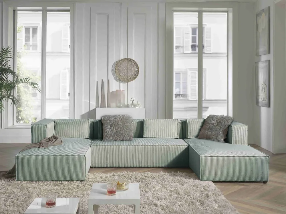 Illustration numéro 2 du produit Canapé panoramique 7 places en u en velours côtelé bleu