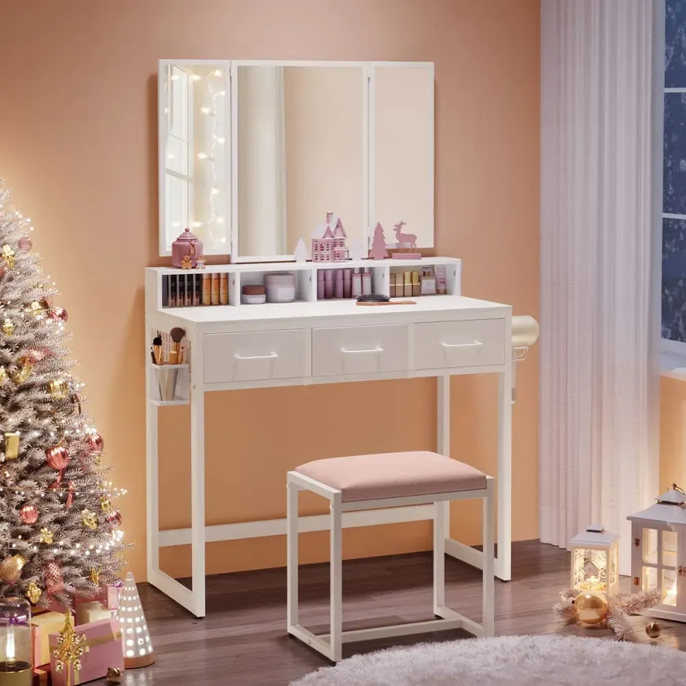 Illustration numéro 2 du produit Coiffeuse avec tabouret et triple miroir 3 tiroirs sèche-cheveux blanc