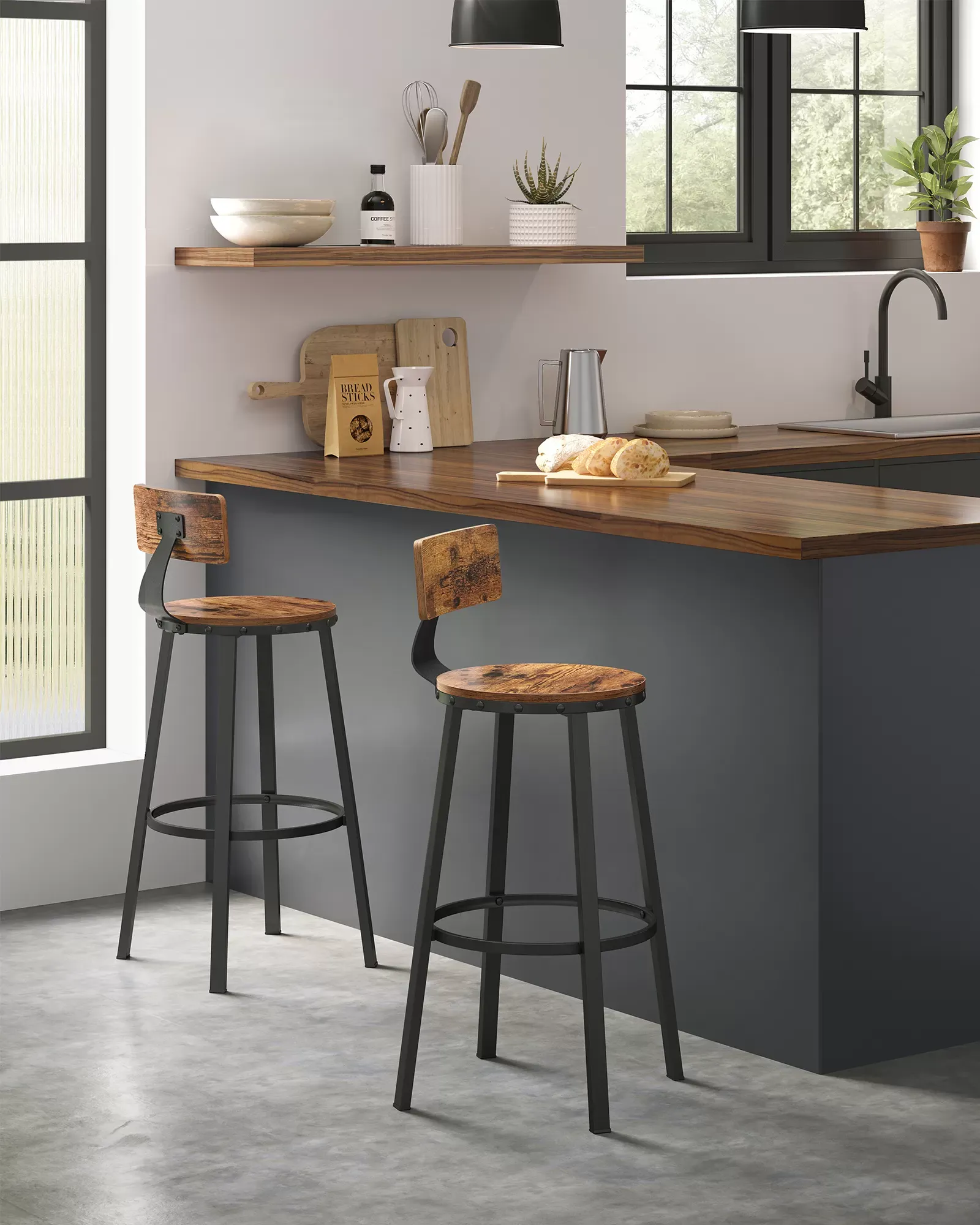 Illustration numéro 2 du produit Tabourets de bar lot de 4 industriel cadre en métal marron