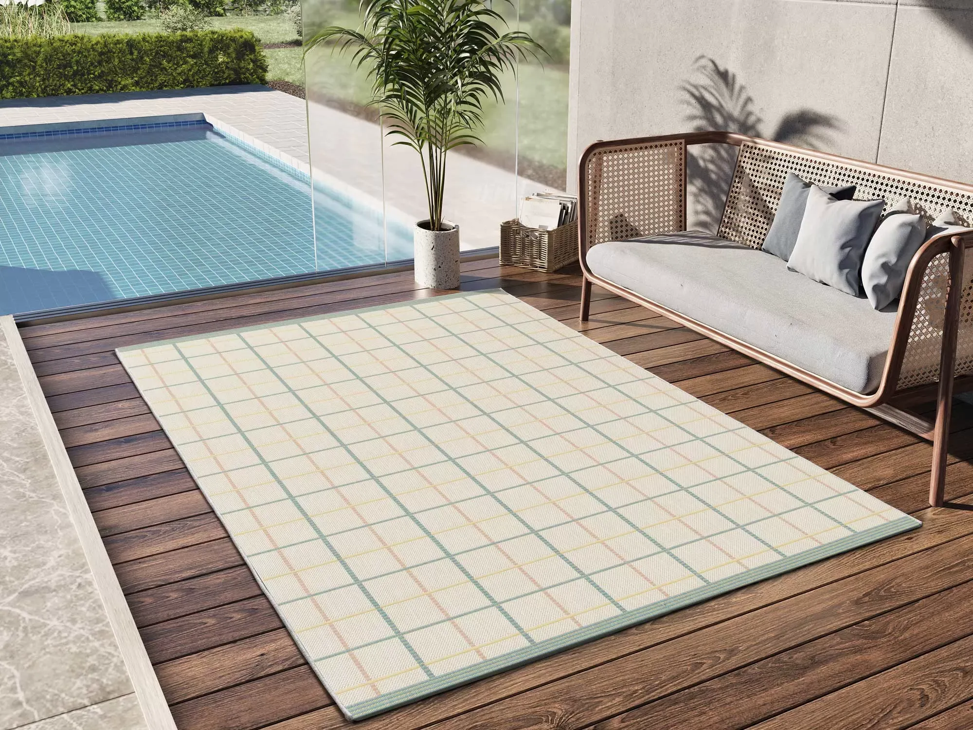 Illustration numéro 2 du produit Tapis d'extérieur à carreaux beige/bleu/rose 120x170 cm