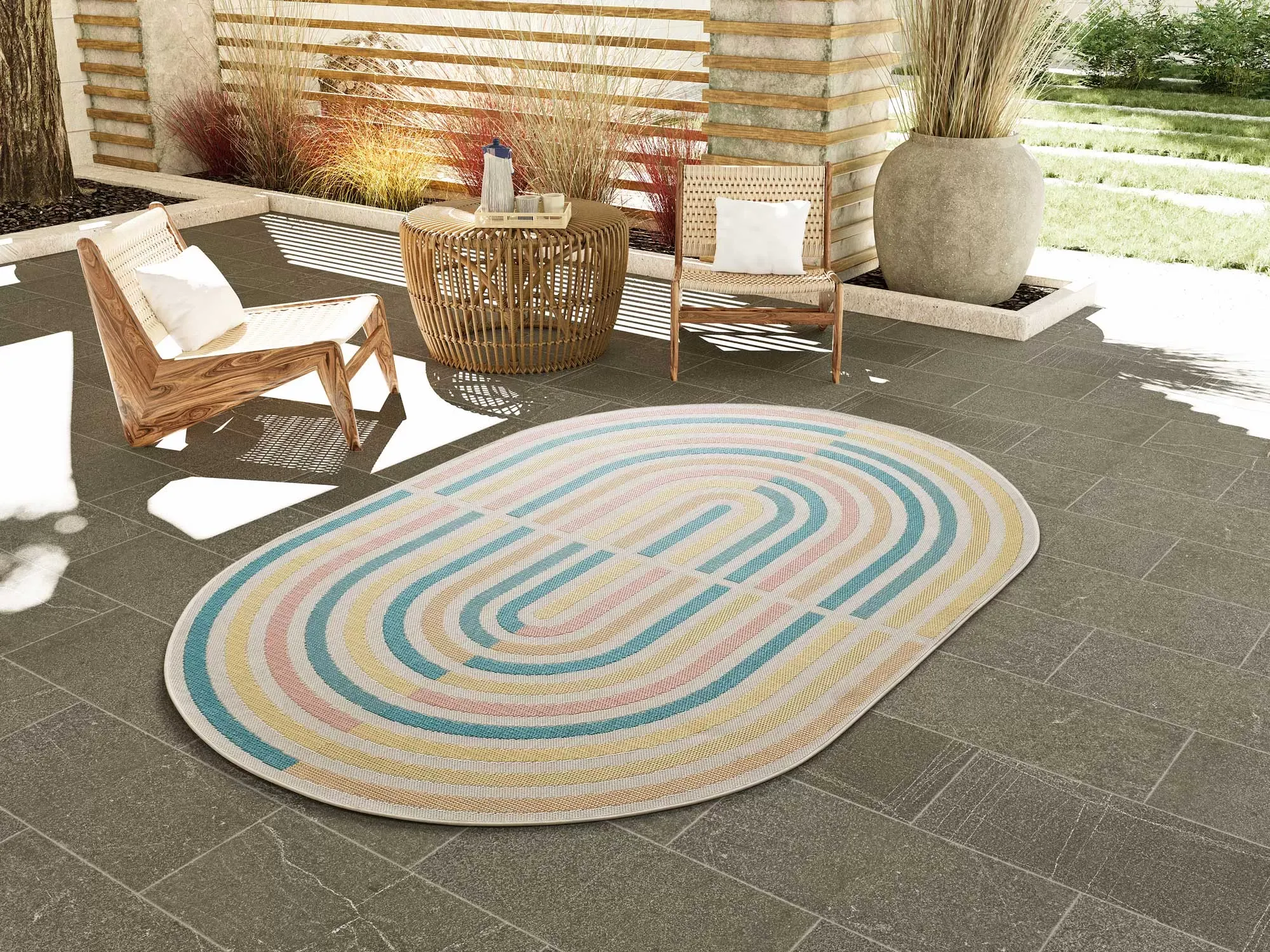 Illustration numéro 2 du produit Tapis d'extérieur ovale beige/bleu/rose 160x229 cm