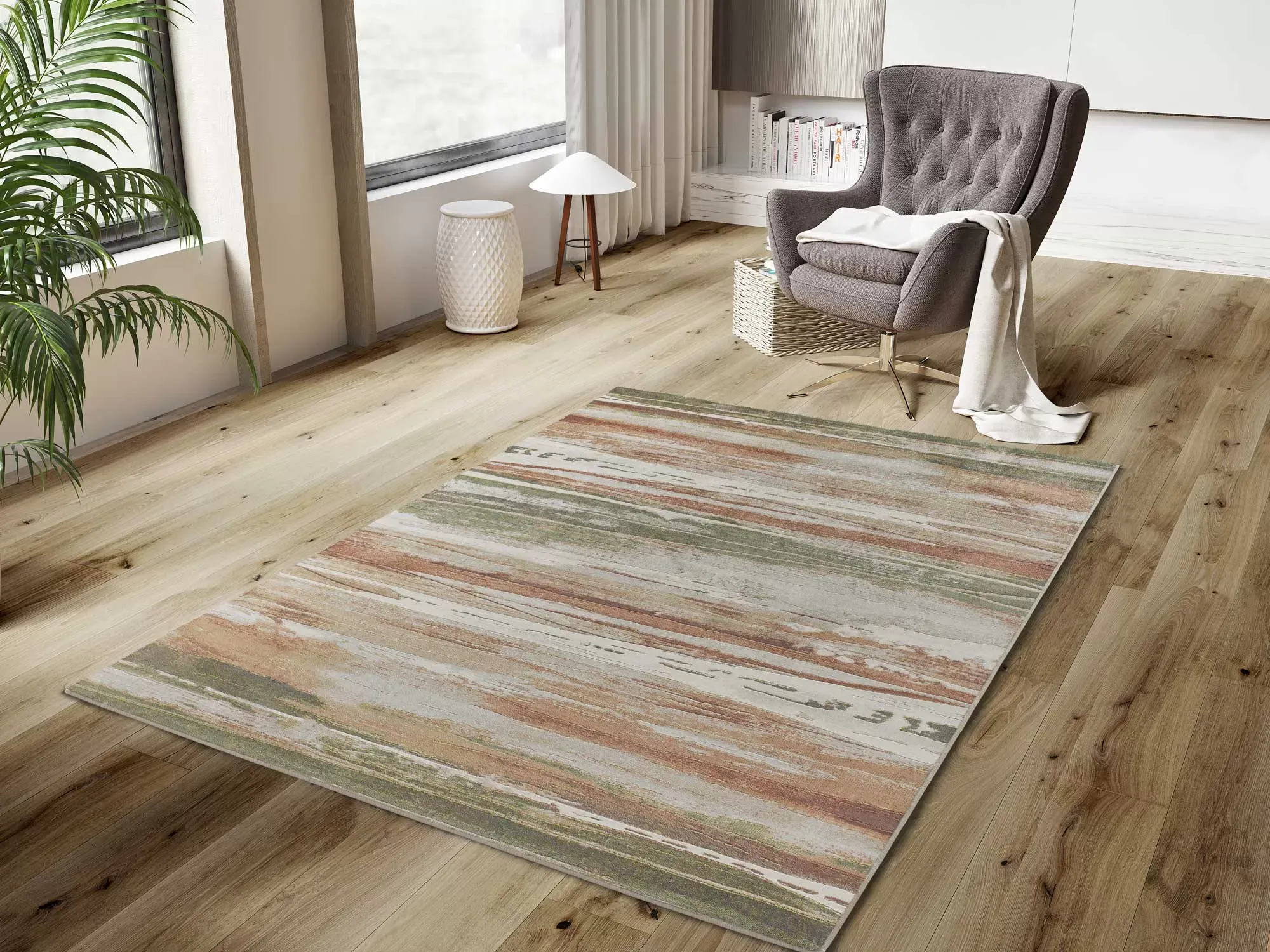 Illustration numéro 2 du produit Tapis en viscose géométrique beige/rouille/vert  135x195 cm