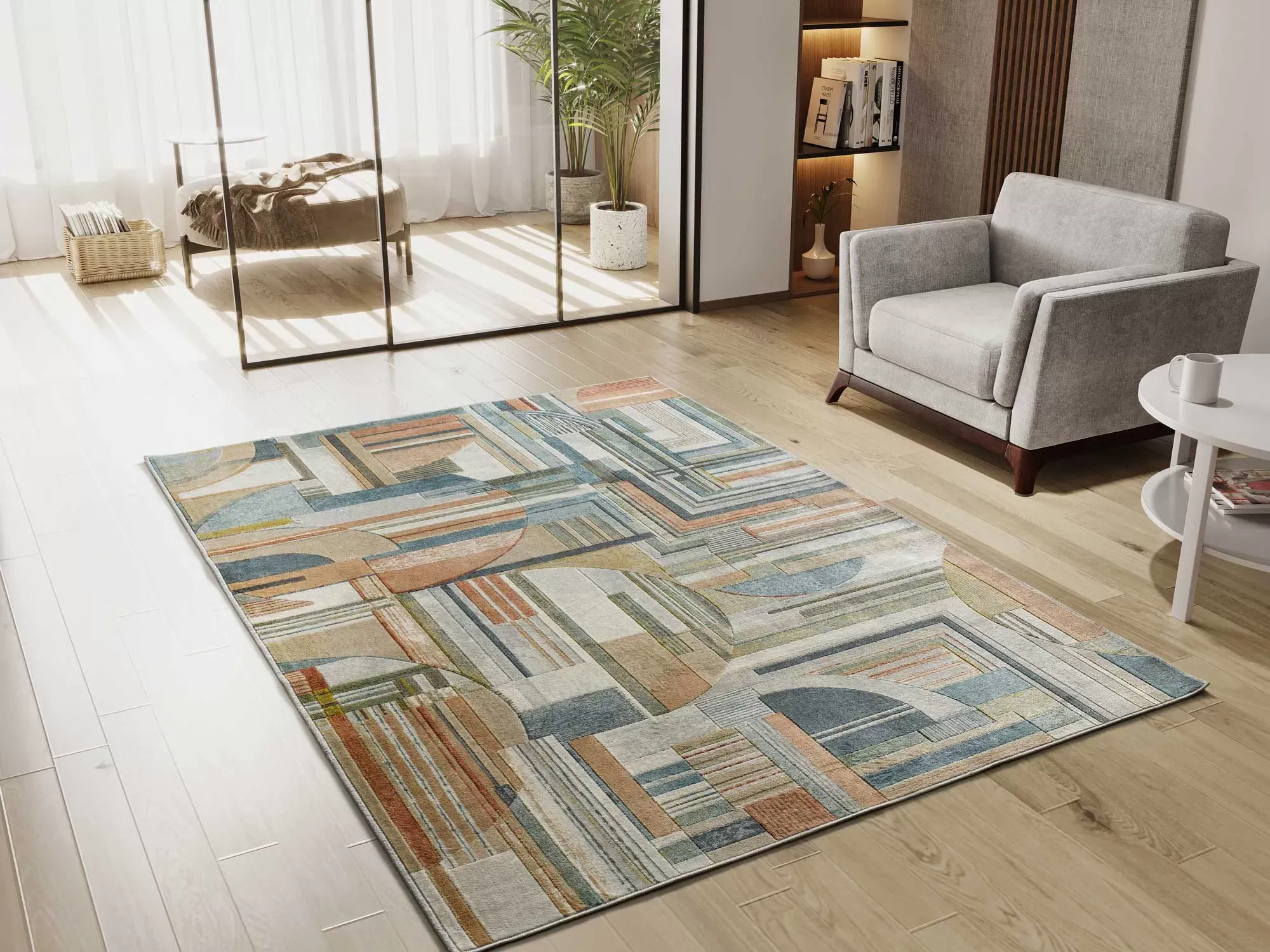 Illustration numéro 2 du produit Tapis en viscose géométrique beige/bleu/rouille  135x195 cm