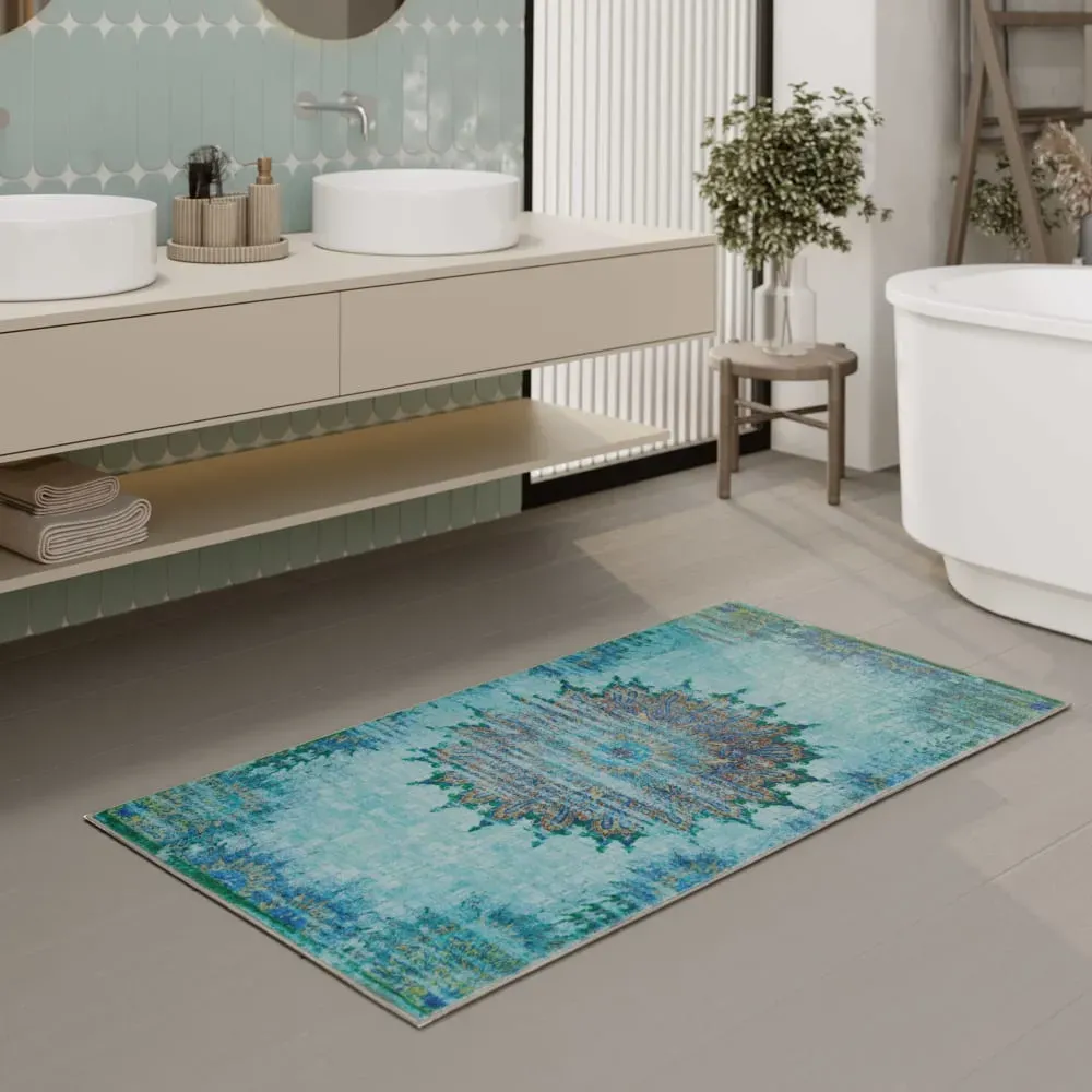 Illustration numéro 2 du produit Tapis de bain bleu turquoise motif oriental vintage imprimé 55x65