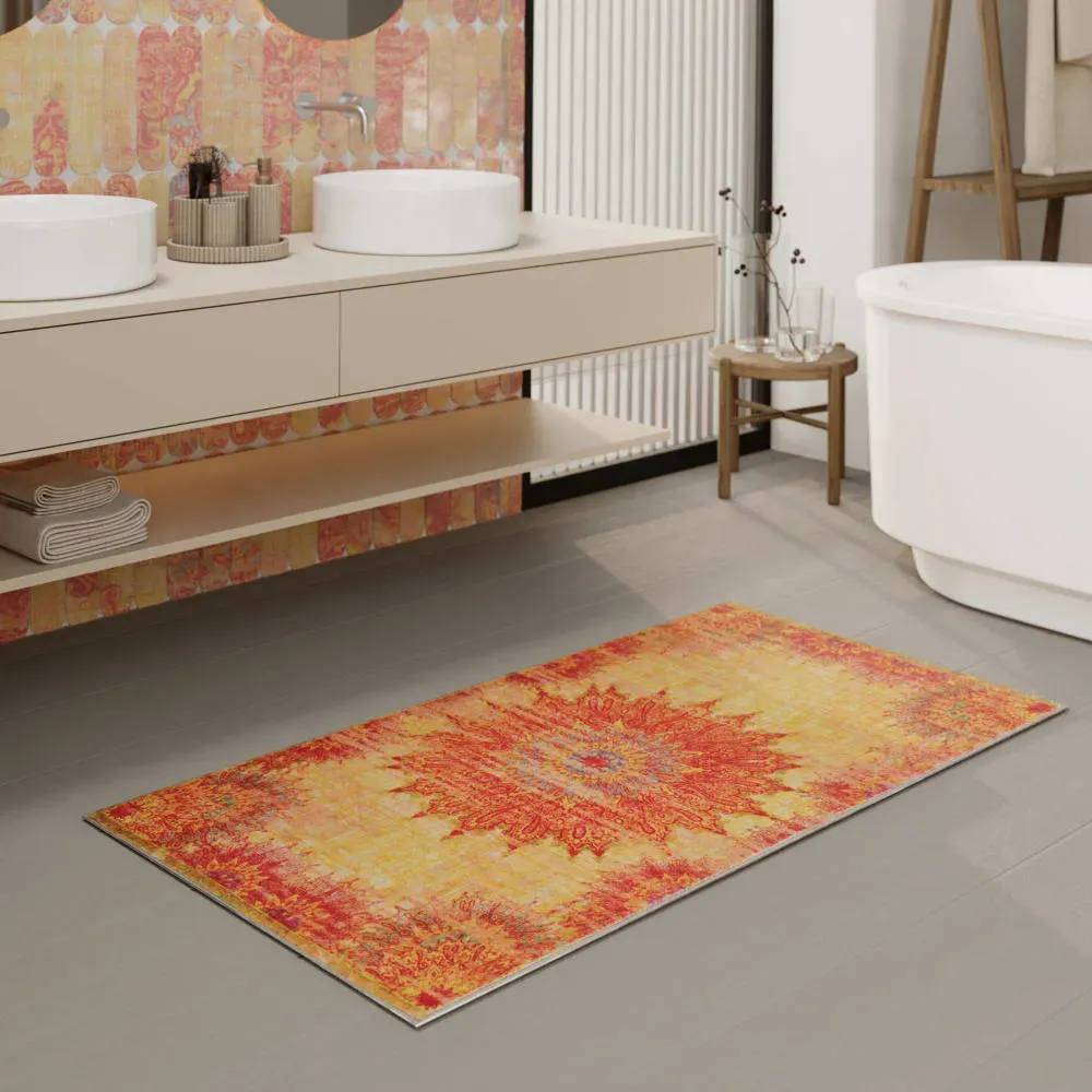 Illustration numéro 2 du produit Tapis de bain jaune orange motif oriental vintage imprimé 55x65
