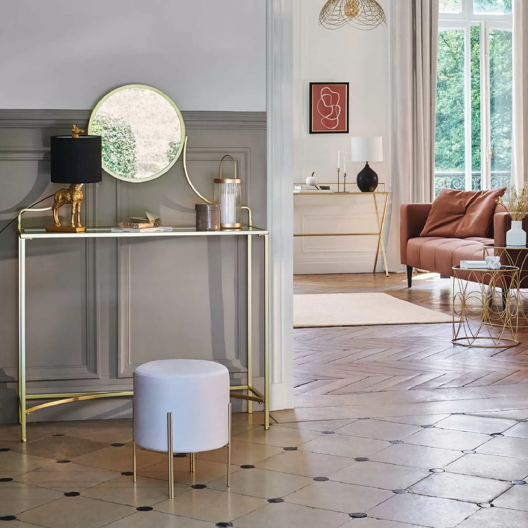 Illustration numéro 2 du produit Pouf rond en métal et velours métal/velours ivoire Ø 34xH. 40 cm