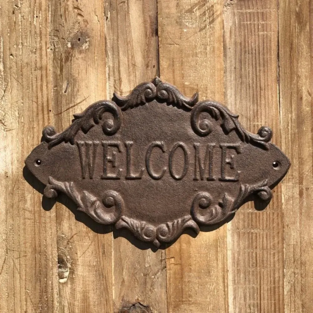 Illustration numéro 2 du produit Plaque de porte d'entrée décorative welcome fonte marron 26x16cm