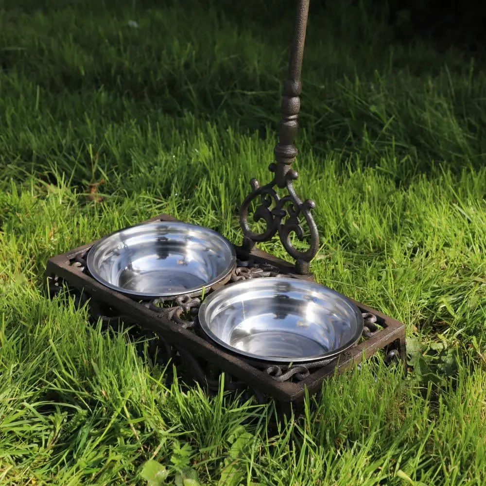 Illustration numéro 2 du produit Double gamelle en fonte marron et métal gris 41 x 20 x 8 cm