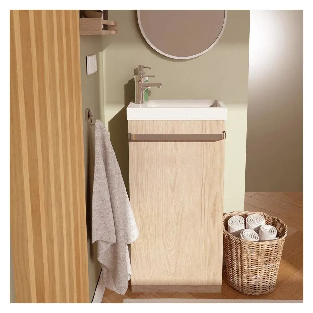 Illustration numéro 2 du produit Meuble lave-mains sur pieds  décor chêne + vasque + robinet