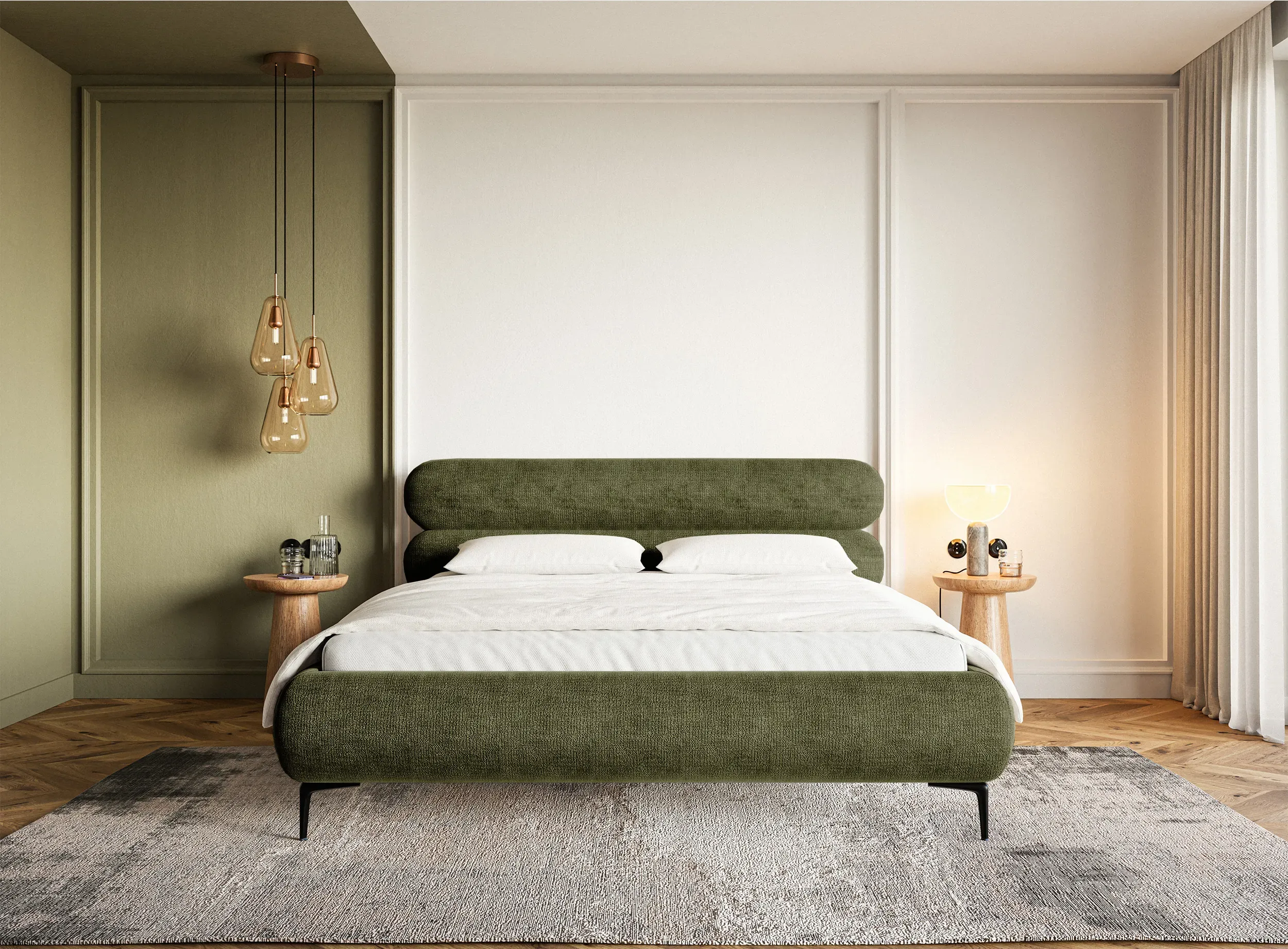 Illustration numéro 2 du produit Lit double 180x200 en tissu chenille olive aux pieds noirs