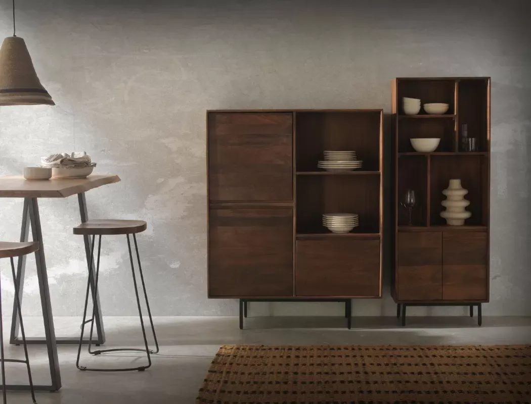 Illustration numéro 2 du produit Bibliothèque avec 2 portes en bois de manguier massif et base en métal