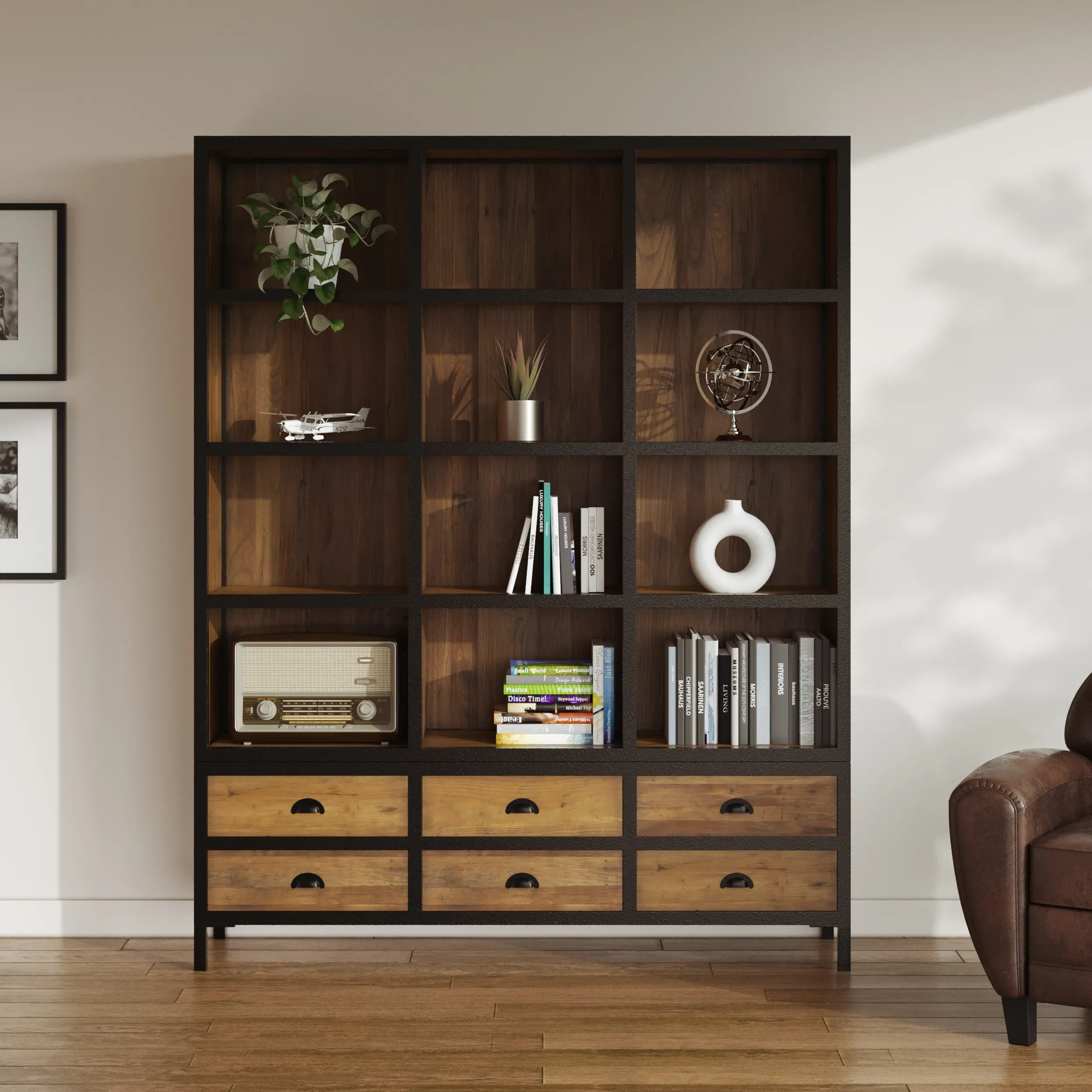 Illustration numéro 2 du produit Bibliothèque 6 tiroirs 12 niches en métal et bois de cèdre