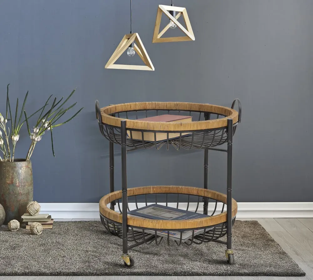 Illustration numéro 2 du produit Chariot double en fer et bois noir et marron 57x55,5x62,5 cm