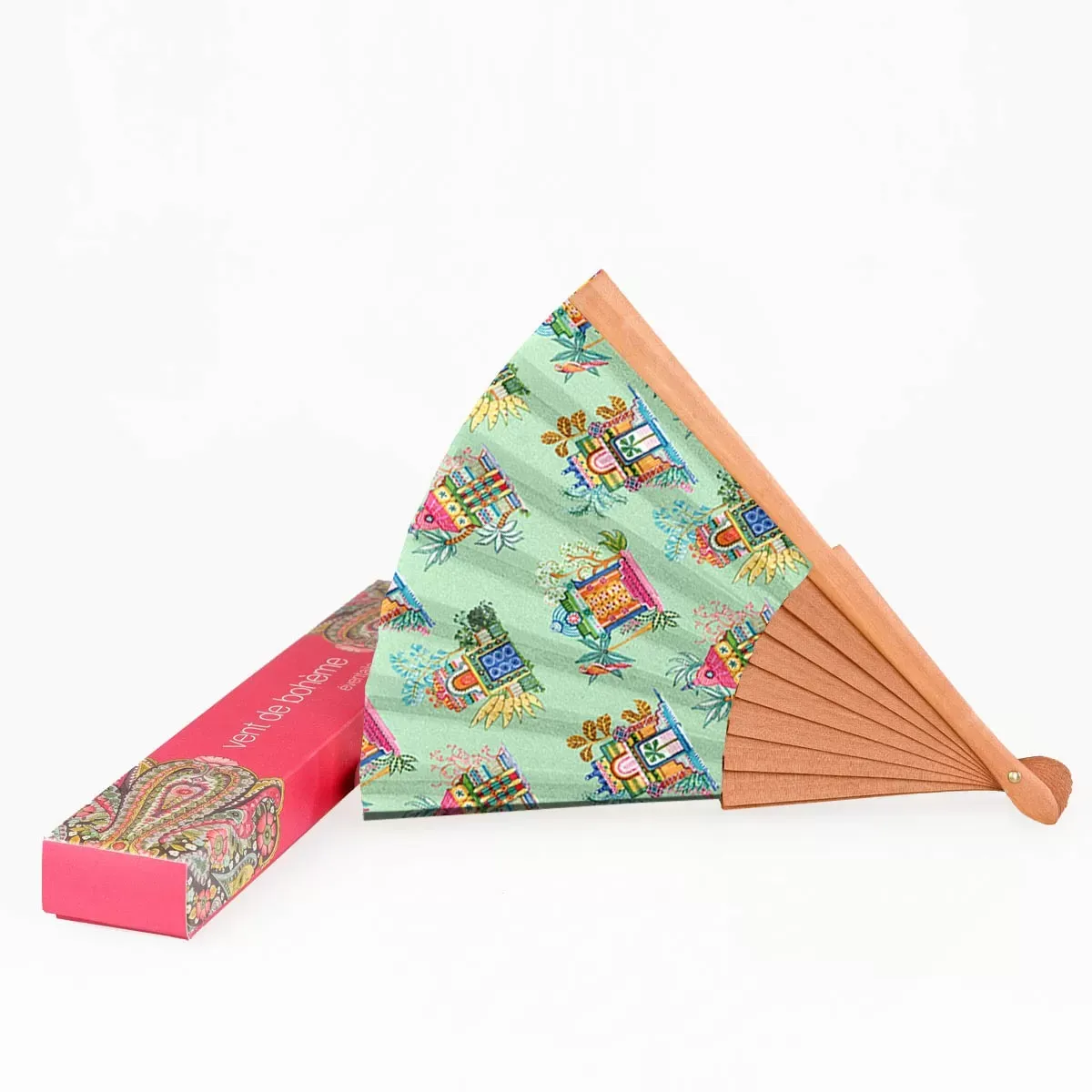 Illustration numéro 2 du produit Eventail bois de merisier motif temples tamouls lagon