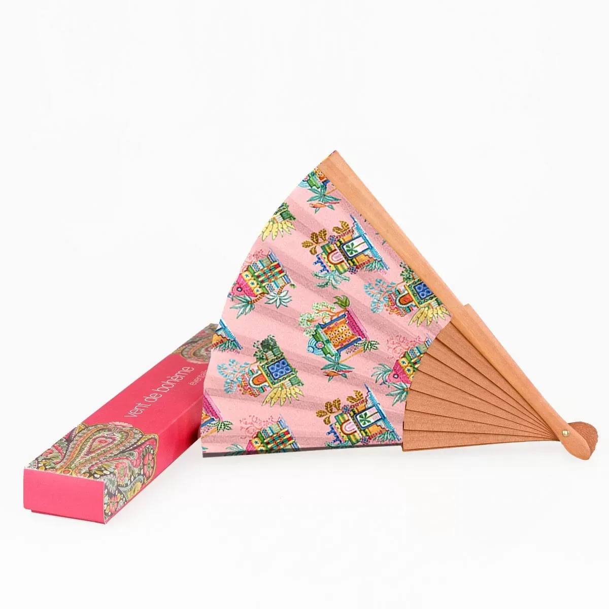 Illustration numéro 2 du produit Eventail bois de merisier motif temples tamouls rose