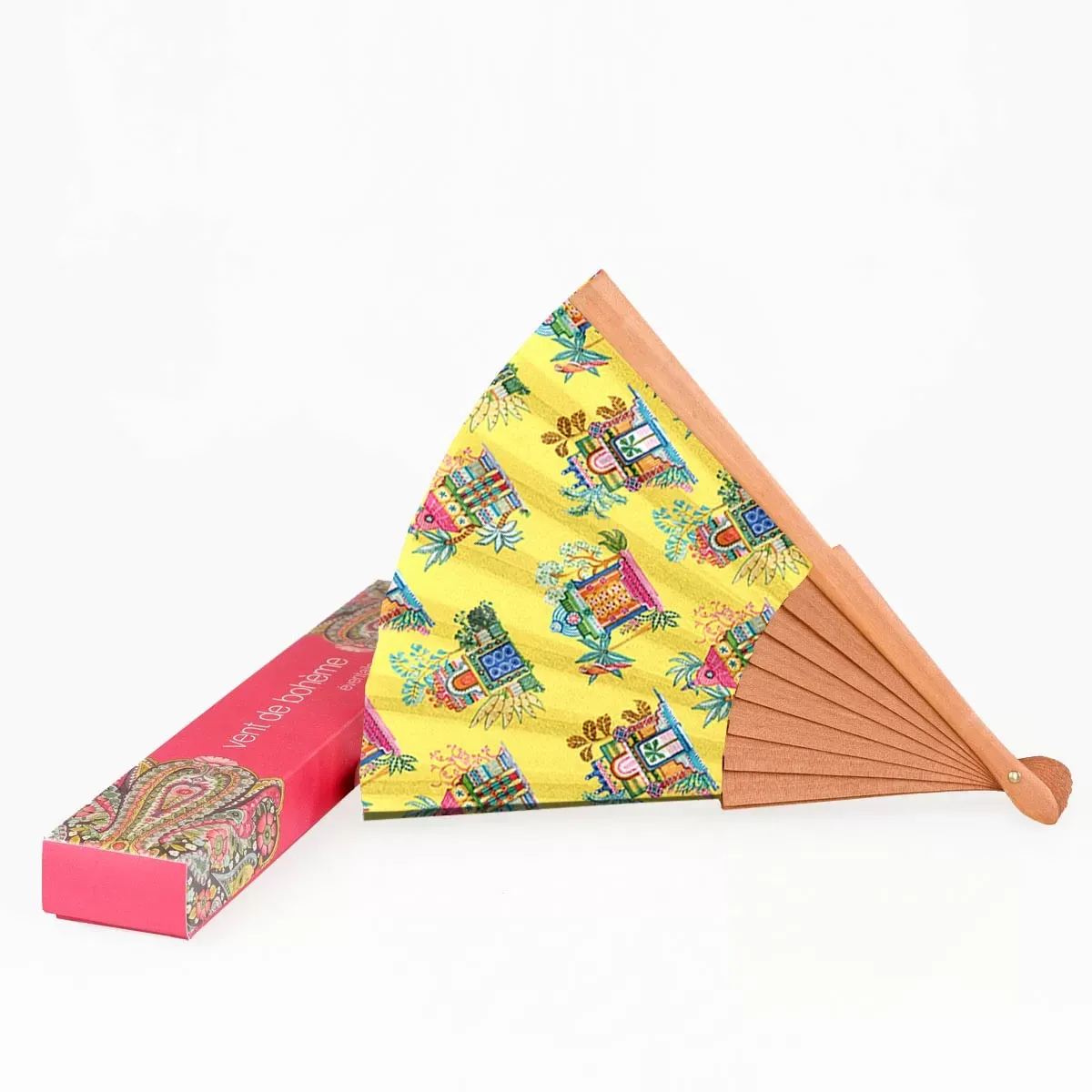 Illustration numéro 2 du produit Eventail bois de merisier motif temples tamouls jaune
