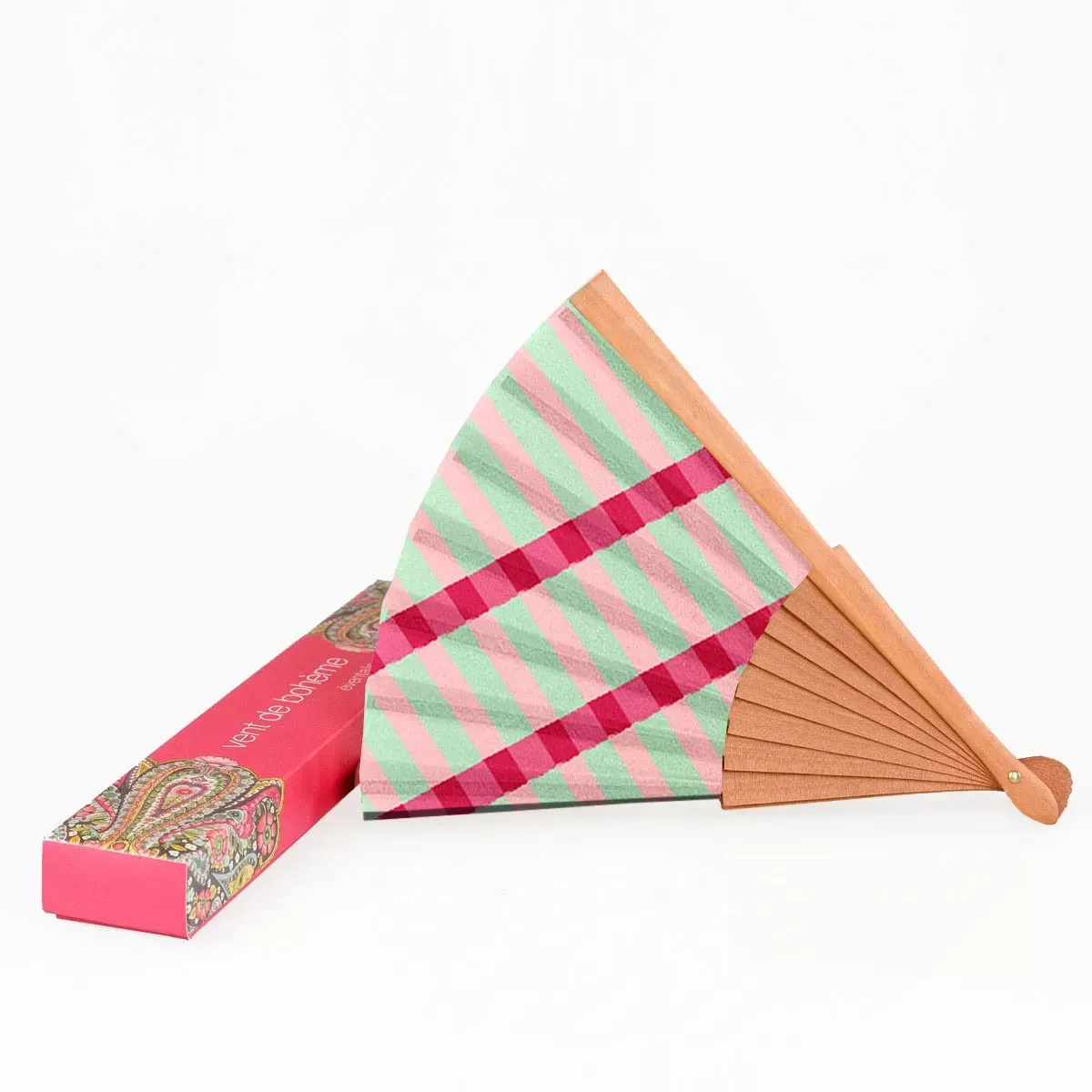 Illustration numéro 2 du produit Eventail bois de merisier motif rayures lagon