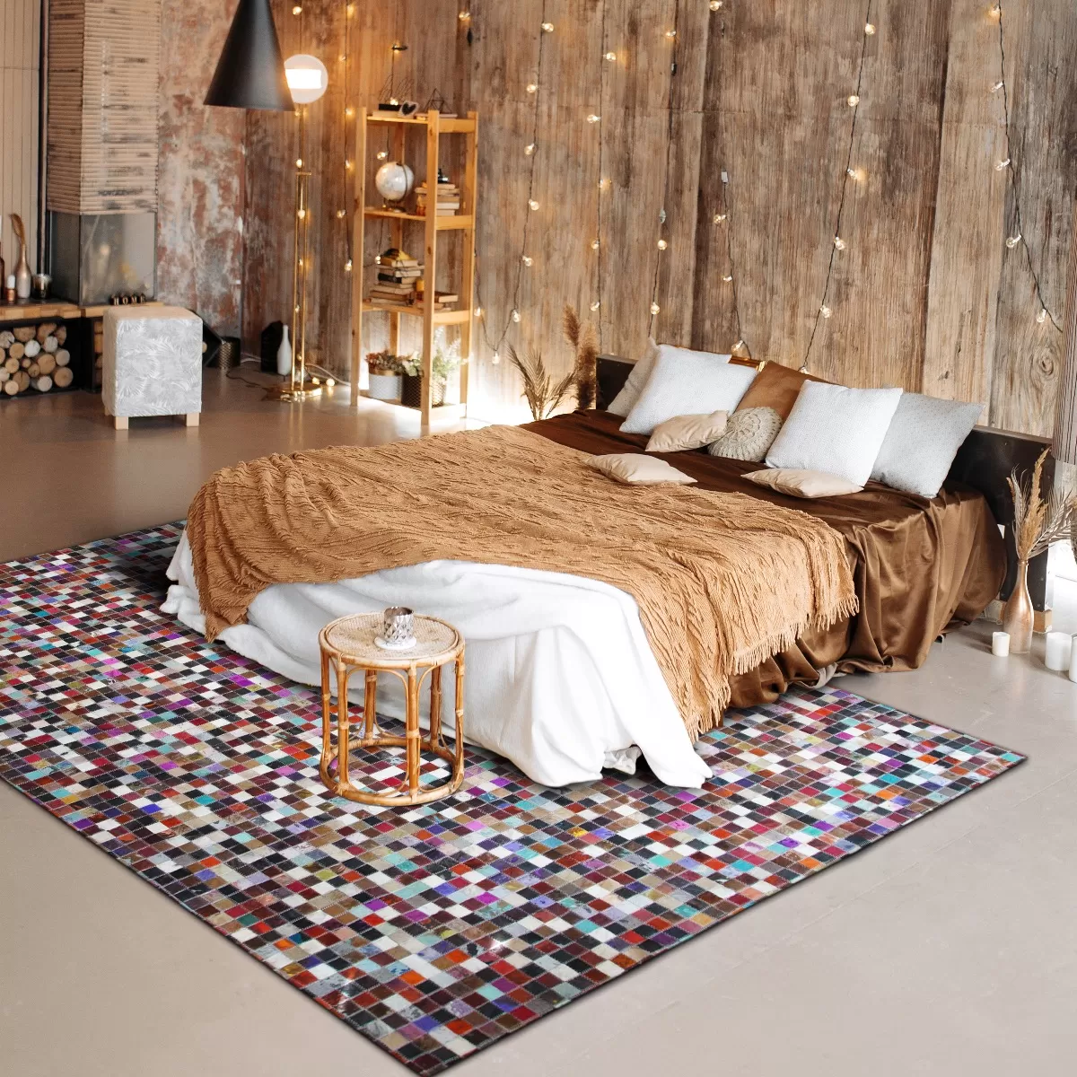 Illustration numéro 2 du produit Tapis en cuirs recyclés motif mosaïque marron multi 160x230