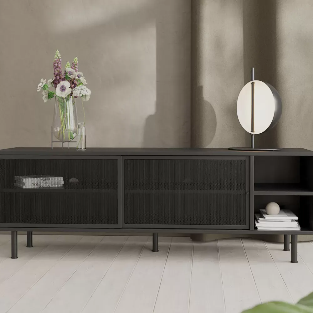 Illustration numéro 2 du produit Meuble TV 2 portes, 2 niches en métal L160cm - Noir