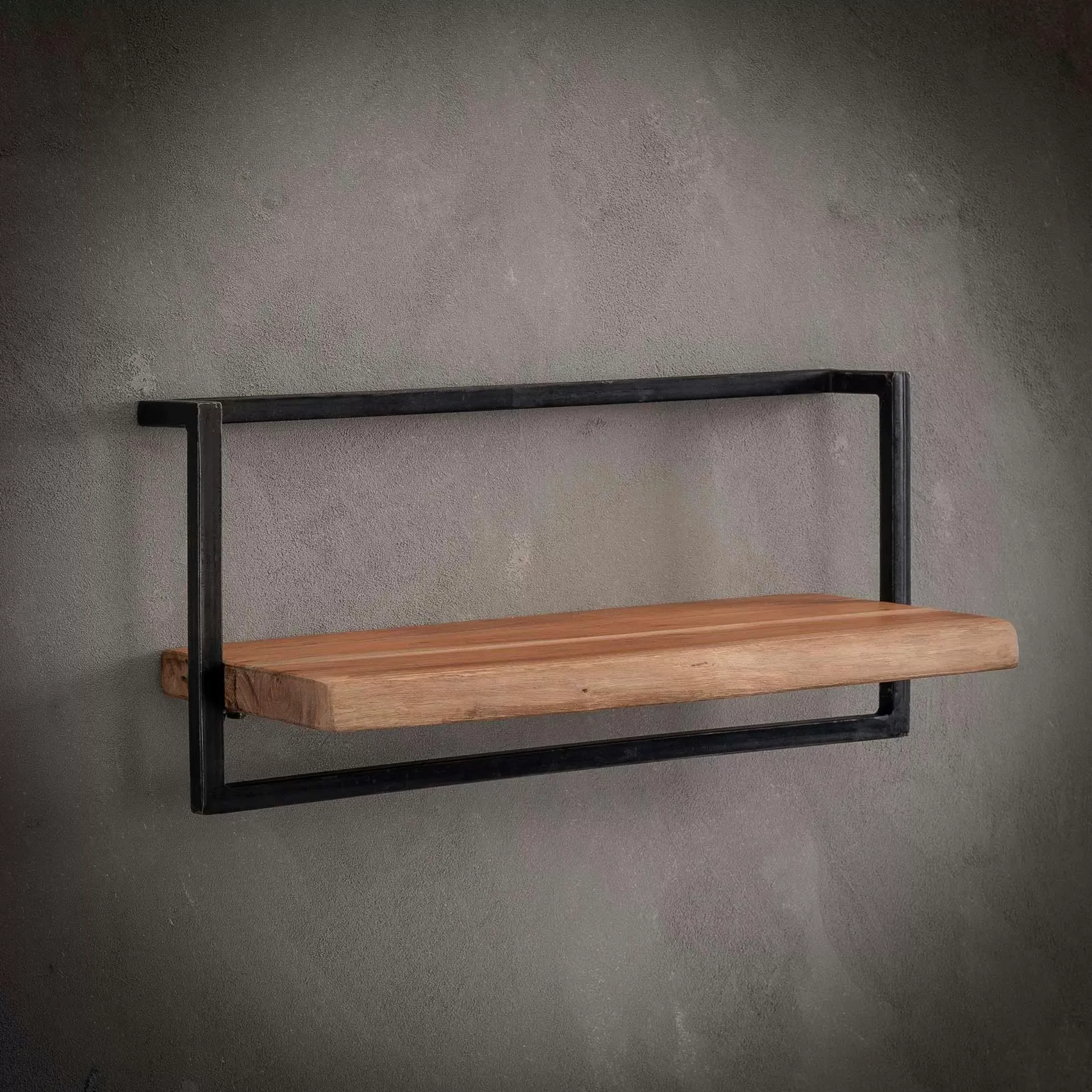 Illustration numéro 2 du produit Etagère murale bord naturel en acacia massif cadre acier vieilli L65cm