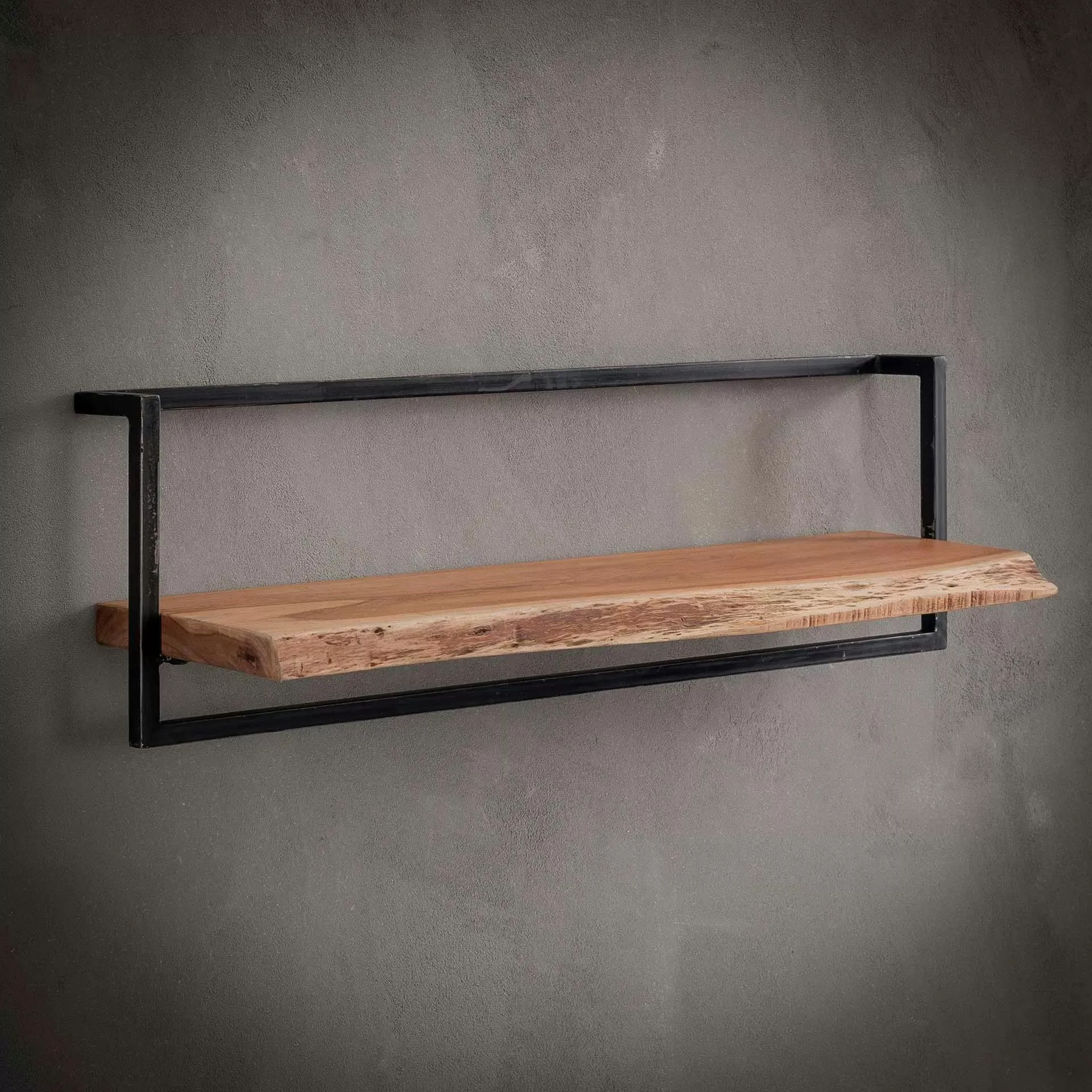 Illustration numéro 2 du produit Etagère murale bord naturel en acacia massif cadre acier L100cm