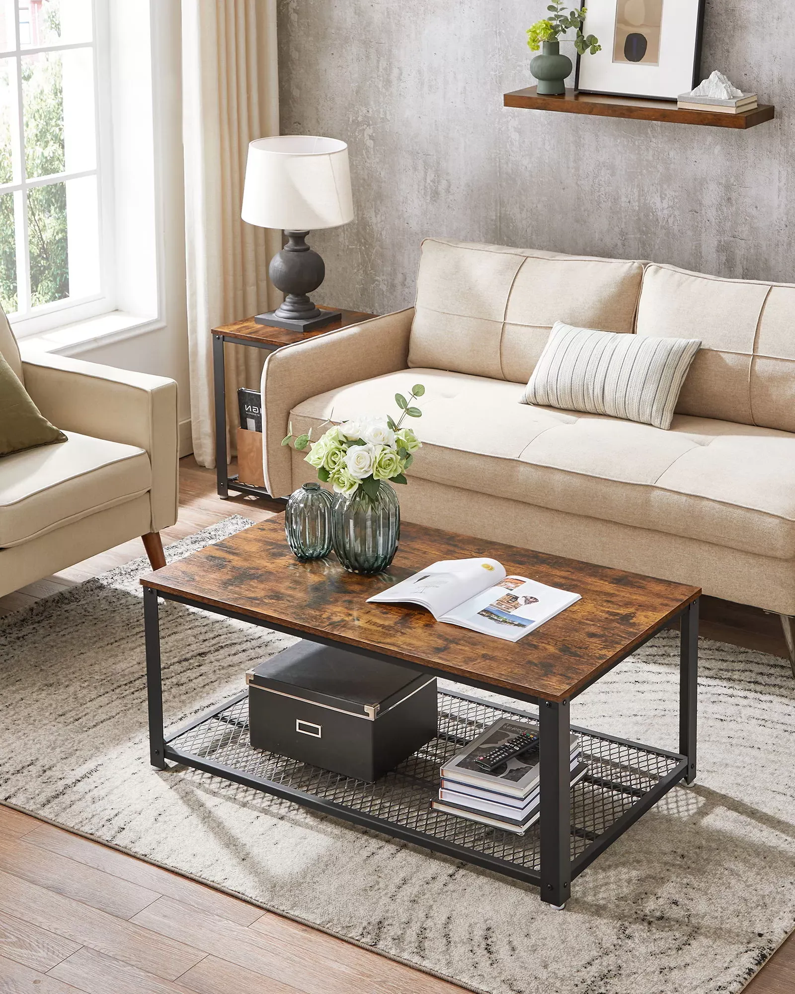 Illustration numéro 2 du produit Table basse à 2 niveaux effet bois cadre en fer marron rustique noir