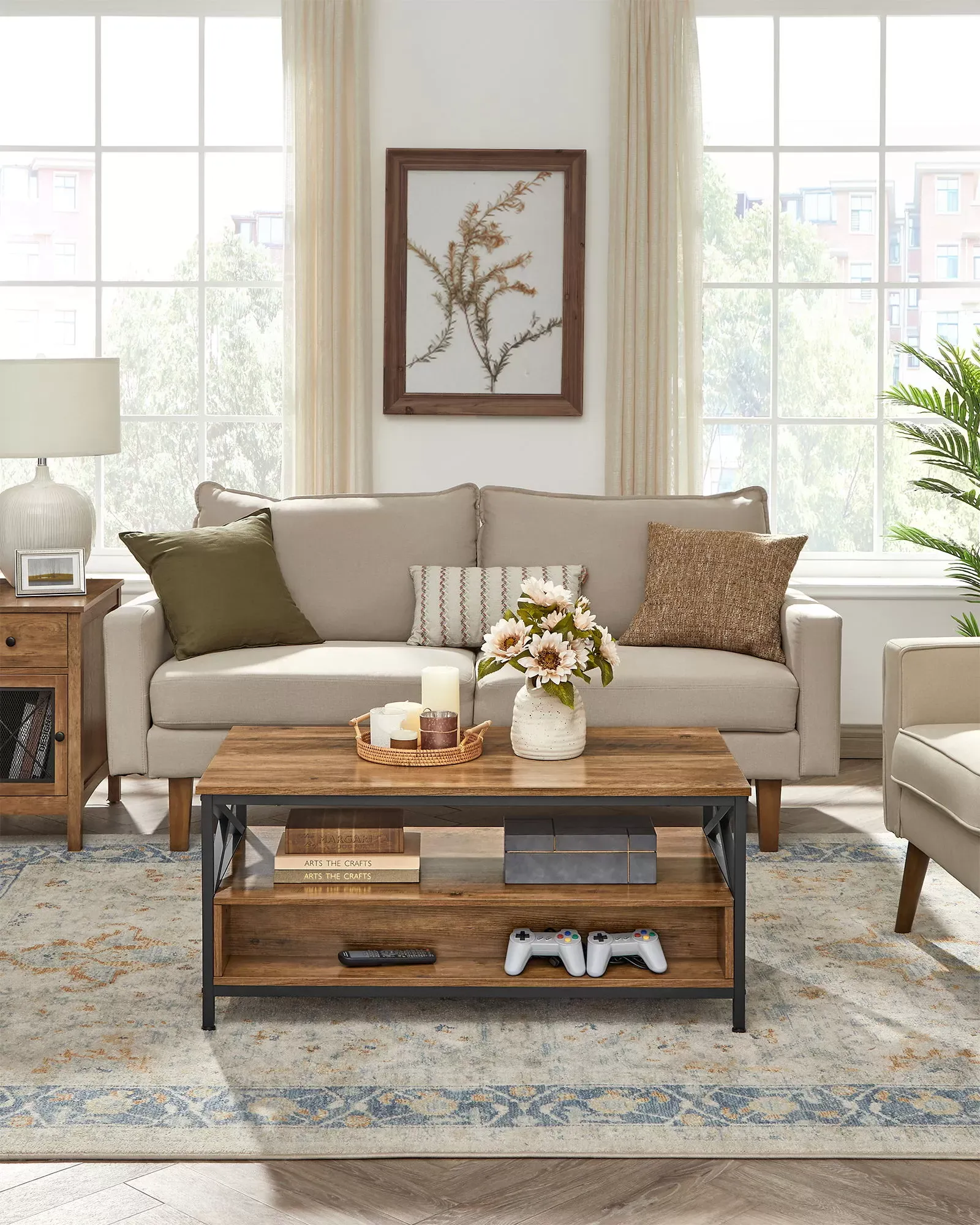 Illustration numéro 2 du produit Table basse 2 tiroirs 1 compartiment effet bois marron rustique