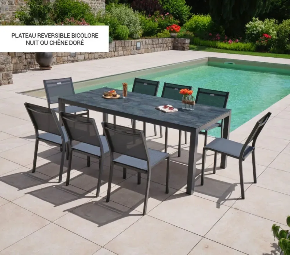 Illustration numéro 2 du produit Ensemble table et 8 chaises de jardin en aluminium chêne doré