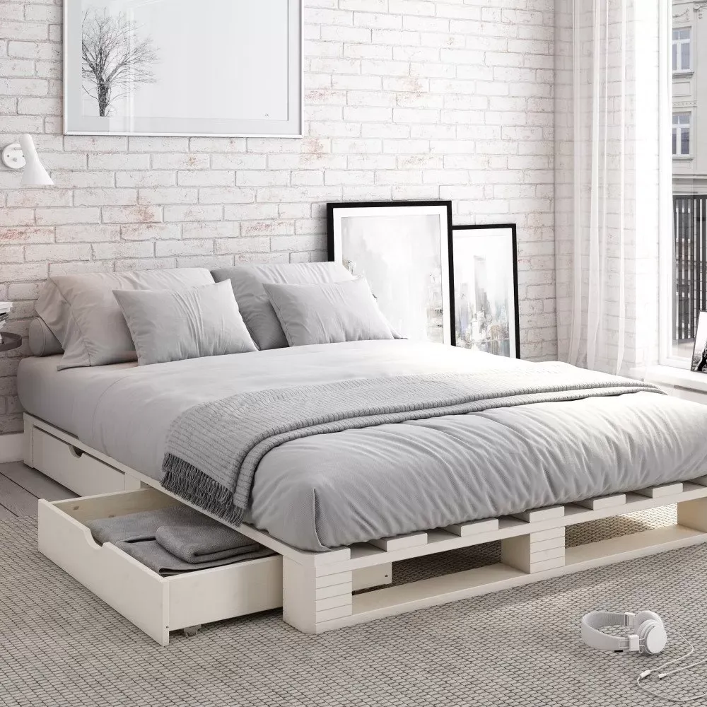 Illustration numéro 2 du produit Lit palette avec tiroirs en pin blanc 140x200