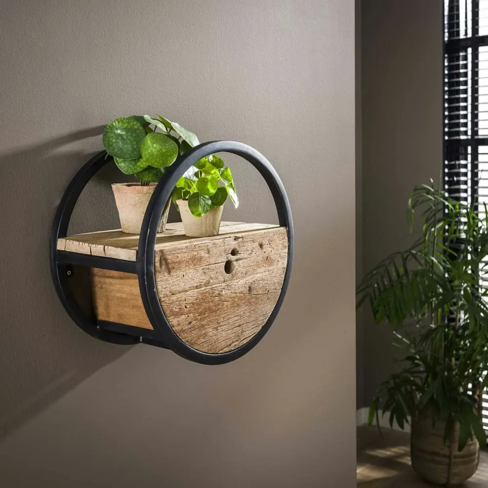 Illustration numéro 2 du produit Etagère murale ronde d40cm bois recyclé brut et métal noir vieilli