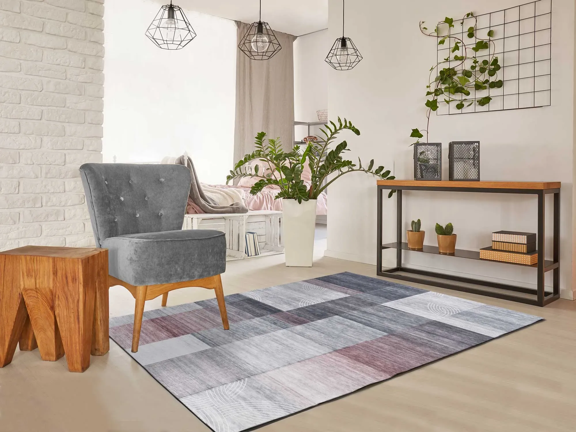 Illustration numéro 2 du produit Tapis géométrique gris/rose 140x200 cm