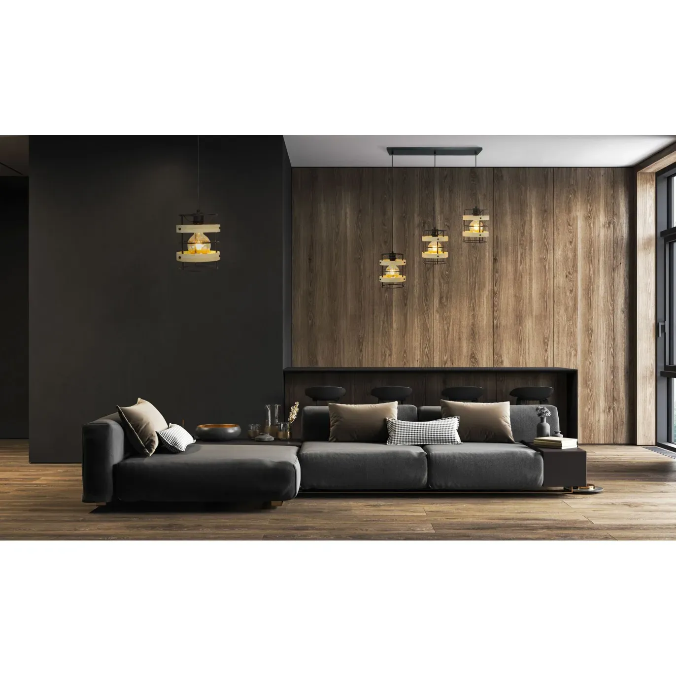 Illustration numéro 2 du produit Suspension 3 lumières en métal noir et bambou naturel