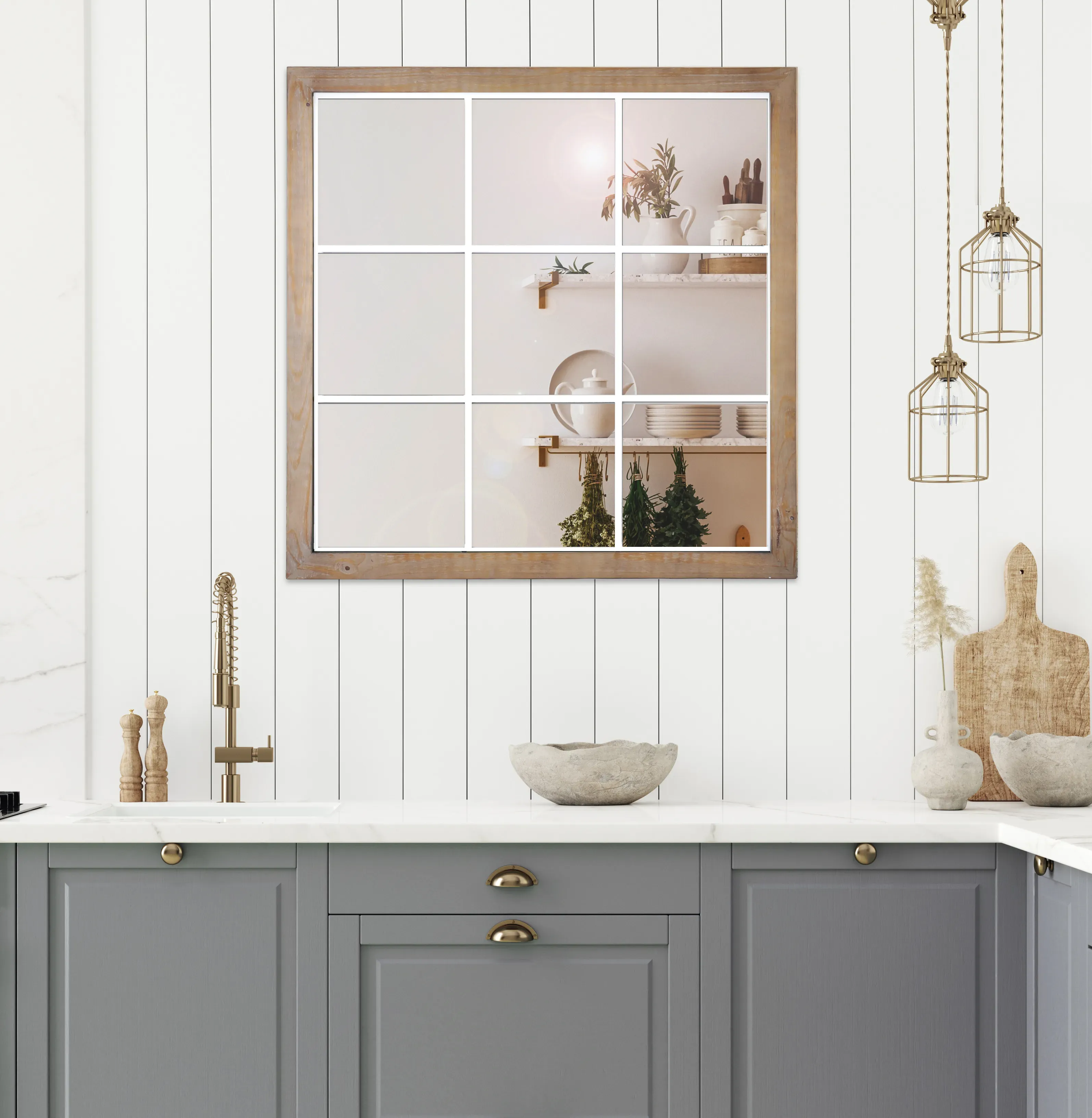 Illustration numéro 2 du produit Miroir industriel carré effet fenêtre 9 vues 100x100cm