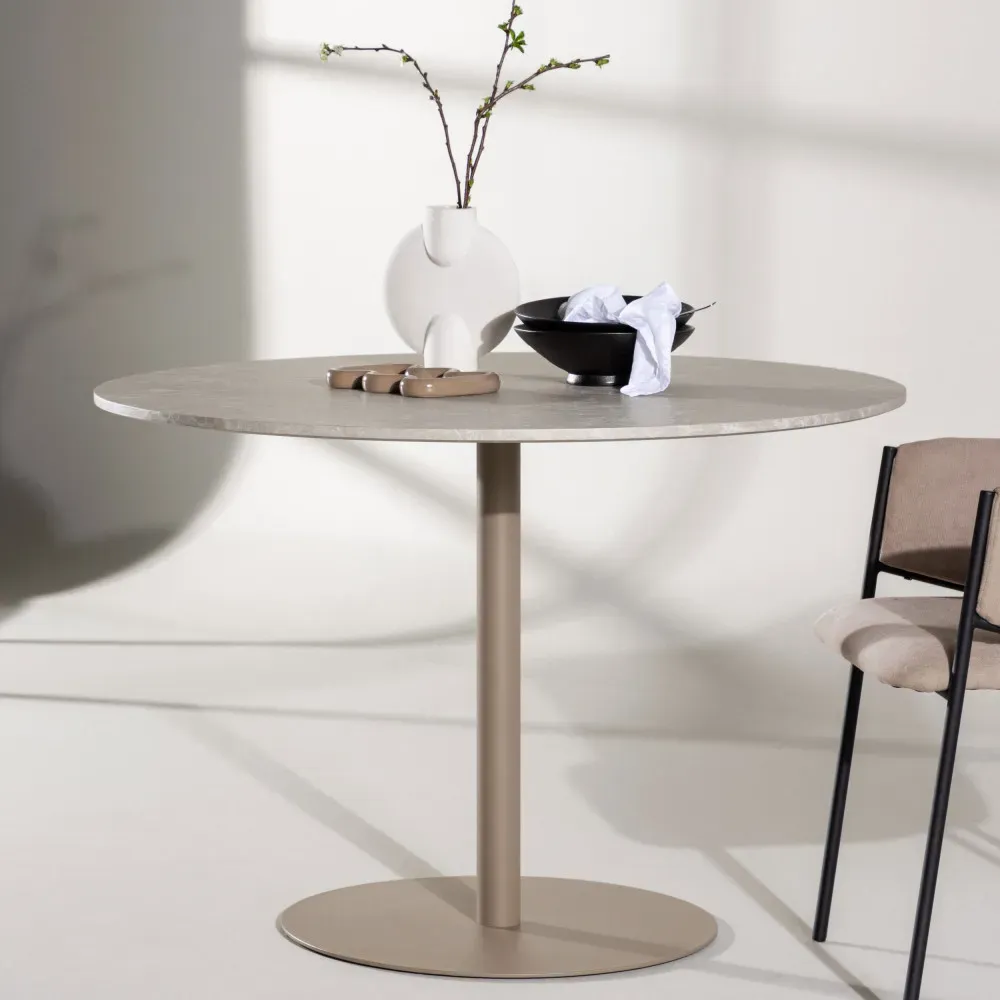 Illustration numéro 2 du produit Table à manger 4 personnes ronde en effet marbre et métal - Beige