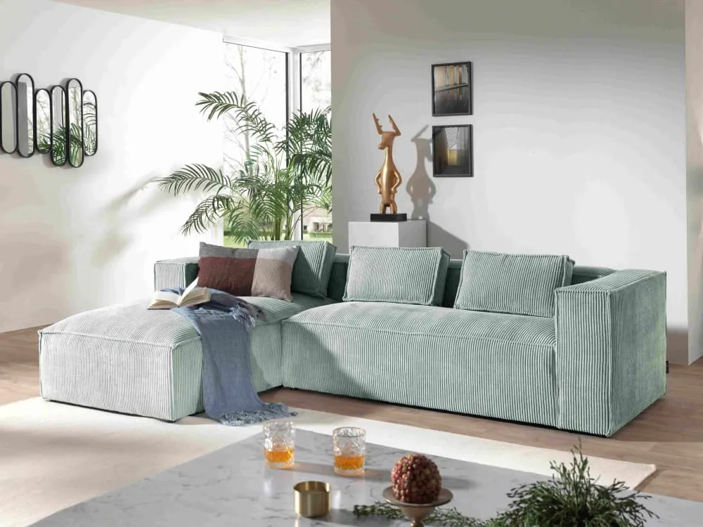 Illustration numéro 2 du produit Canapé d'angle gauche en velours côtelé - 4 places - Bleu