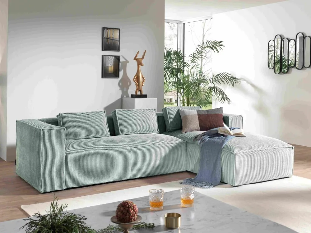 Illustration numéro 2 du produit Canapé d'angle droit en velours côtelé - 4 places - Bleu