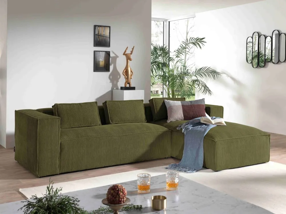 Illustration numéro 2 du produit Canapé d'angle droit en velours côtelé - 4 places - Vert