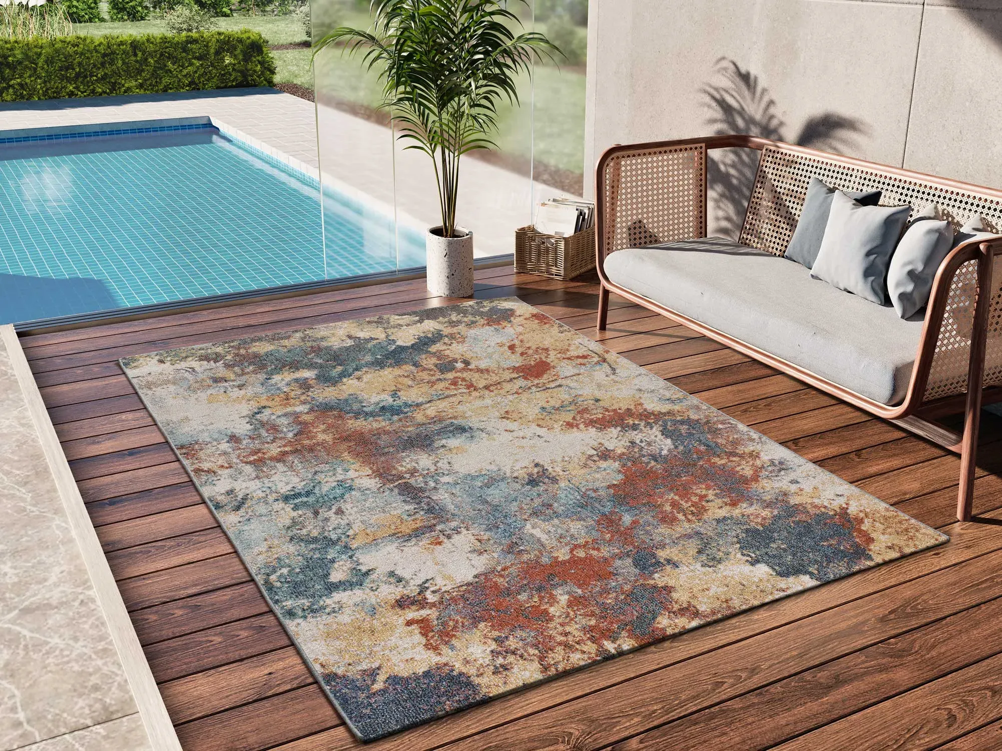 Illustration numéro 2 du produit Tapis d'extérieur abstrait bleu/beige/rouille 80x150 cm