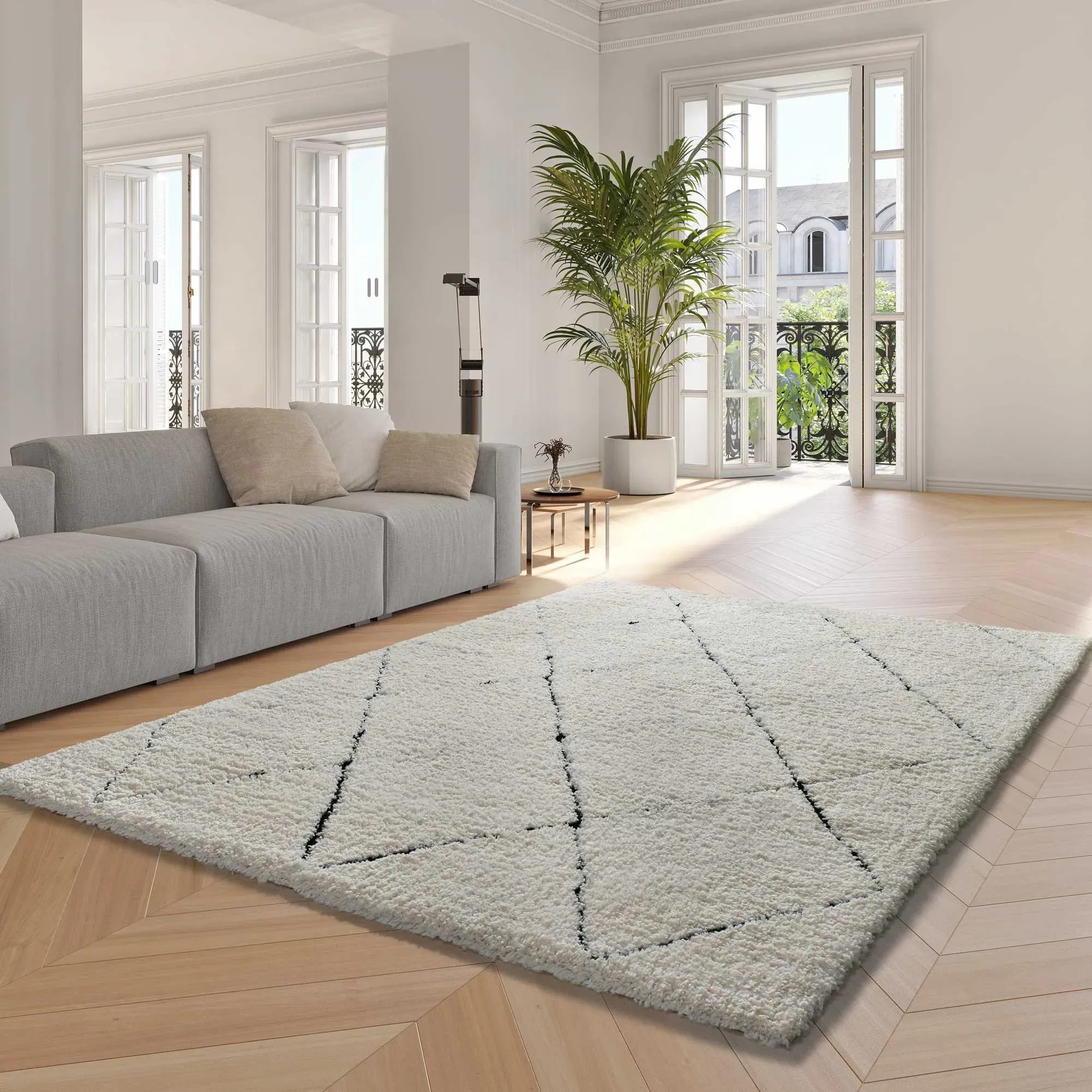 Illustration numéro 2 du produit Tapis shaggy scandinave crème/noir 120x170 cm
