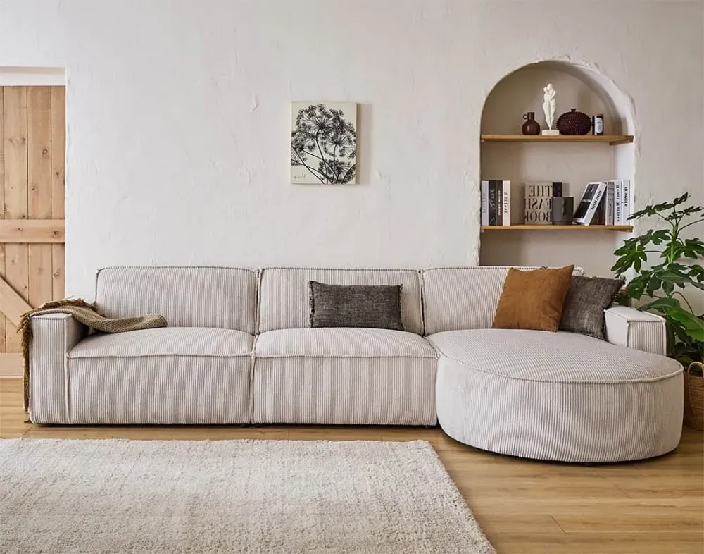 Illustration numéro 2 du produit Canapé d'angle droit 5 places en velours côtelé beige