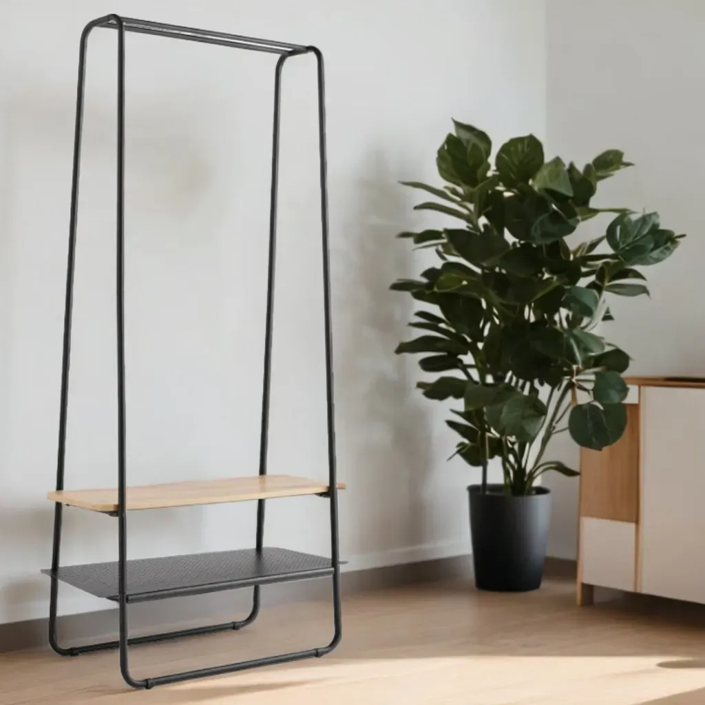 Illustration numéro 2 du produit Portant à vêtements en métal et bois avec étagères 40 x80 x 170 cm