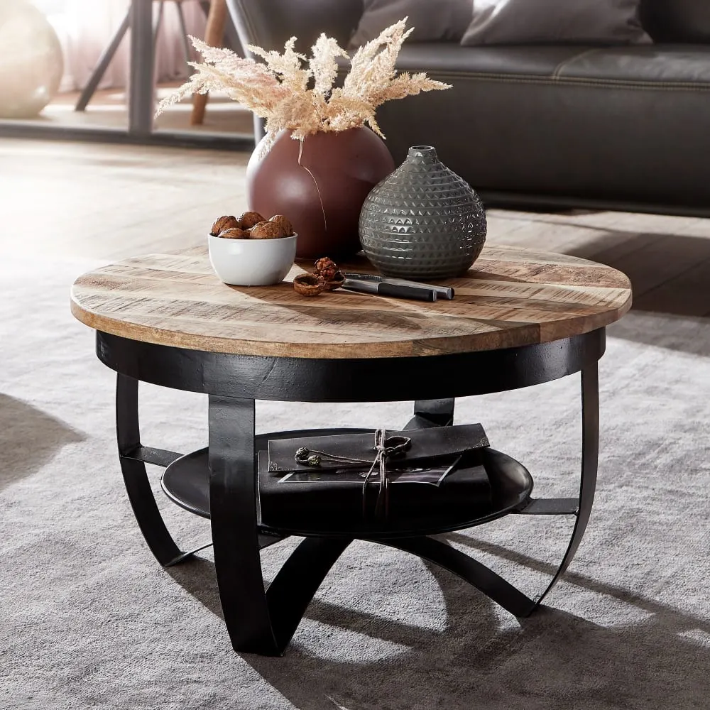 Illustration numéro 2 du produit Table basse ronde avec rangement en bois massif de manguier, marron