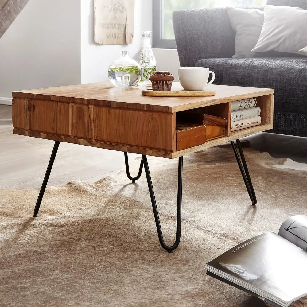 Illustration numéro 2 du produit Table basse carrée avec 2 tablettes en bois massif d'acacia, marron