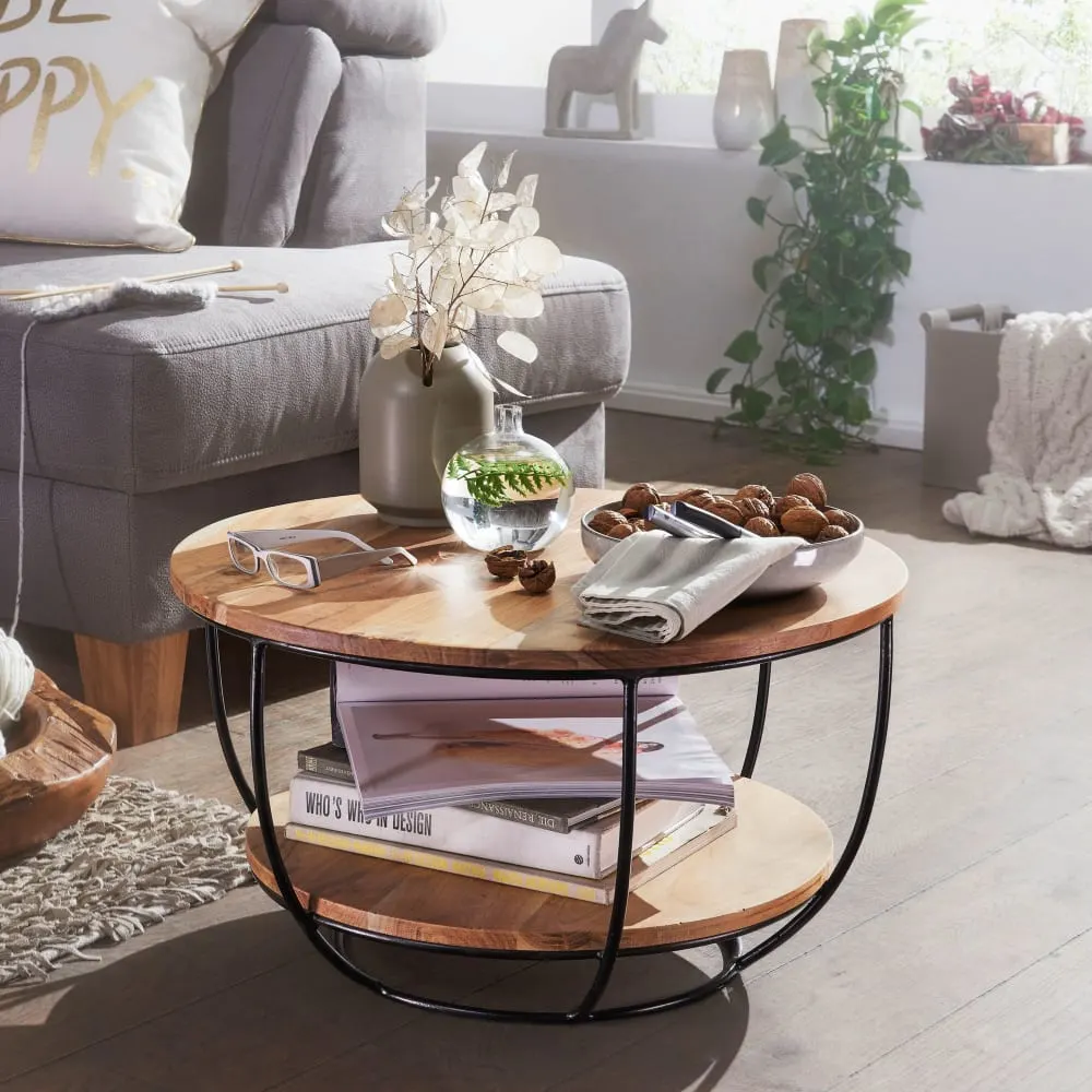 Illustration numéro 2 du produit Table basse ronde avec tablette en bois massif d'acacia, marron
