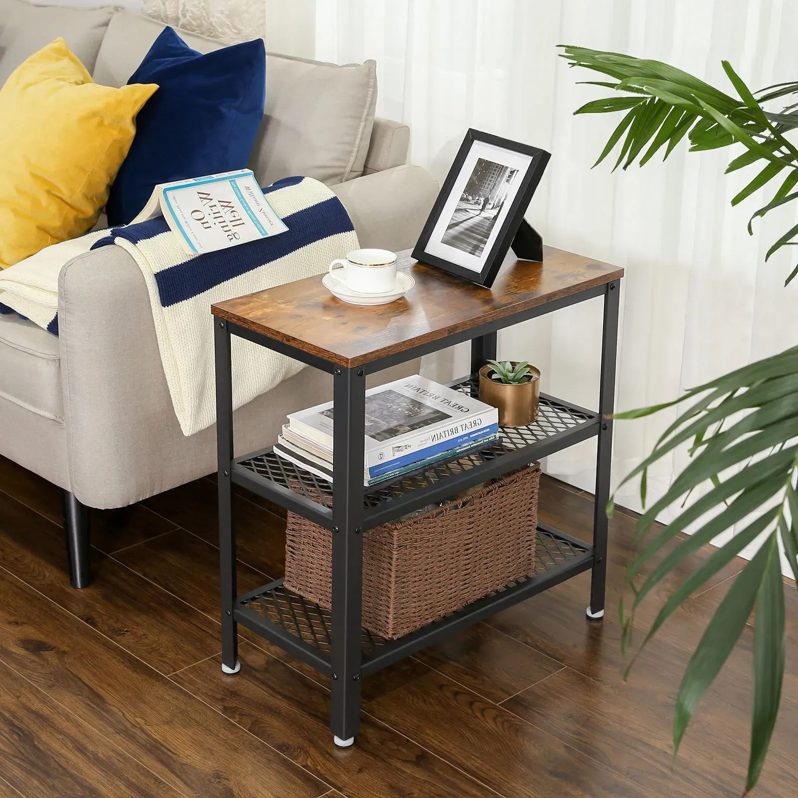 Illustration numéro 2 du produit Table d'appoint 2 étagères acier effet bois marron rustique